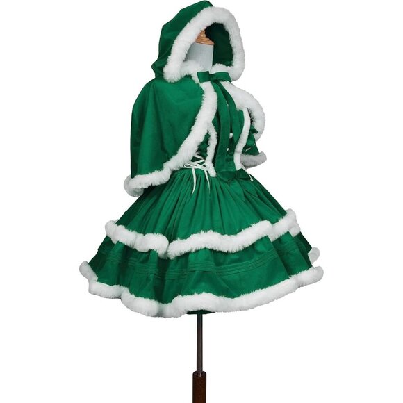Women's Christmas Green White Dress Santa Outfit Cute Lolita Holiday Costume - Picture 2 of 5